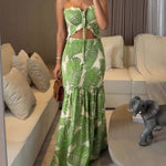 Tropical Print Halter Tie Shirred Frill Trim Cinched Waist Vacation Dress Ruched Cutout Front Slim Fit Ruffle Hem Mermaid Dress