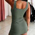 Women's Ribbed Knit Dress Thick Strap U-Neck Bodycon Mini Dress Half Zipper Party Dress
