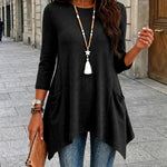 Women's Ribbed Asymmetrical Hem Top Crewneck Three Quarters Sleeve A-Line Casual Top