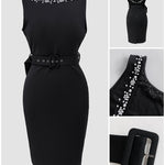 Pearls Decor Sleeveless Backless Slit Back Party Dress Zipper Back Bodycon Dress With Belt