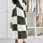 Women's Checkerboard Knit Cardigan Oversized Long Chunky Sweater Loose Lantern Sleeve Coat with Pockets