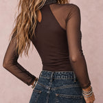 Women's Rhinestone Mesh Long Sleeve Top Mock Neck Sparkle Slim Fit Tee