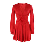 Deep V Neck Lantern Sleeve Ruched Pleated A Line Flowy Dress Single Breasted Decor Cinched Waist Party Dress