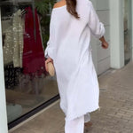 2 Pieces Outfit Button Decor One Shoulder Turn-Up Sleeves Slit Raw Edges Top and Casual Drawstring Elastic Waist Wide Leg Pants Set