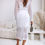 Crochet Pattern Elastic Waist Hollow-out Mid-Calf Skirt Casual Commuting Skirt