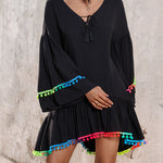 Colorblock V-Neck Bell Sleeve A Line Tassel Mini Dress Vacation Dress