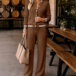 Women's 2 Piece Cable Knit Tracksuit Baseball Collar Crop Coat and High Waist Pants Set