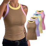Women's Contrast Trim Ribbed Tank Top Slim Fit Sleeveless Round Neck Basic Camisole for Streetwear & Layering