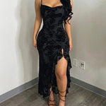Women's Vintage Flocking Floral Maxi Dress Sexy Cowl Neck Cami Dress High Slit Backless Bodycon Evening Gown