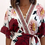 Women's Bohemian Floral Print V-Neck Romper Batwing Sleeve Wrap Knot Side High Waist Short Jumpsuit