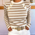 Women's Striped Knit Top Gold Button Long Sleeve Pullover Crewneck Slim Fit Knitwear Contrast Binding Sweater