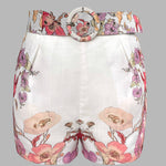 2 Pieces Outfit Floral Placement Print Stand Collar Button Button Front Lantern Sleeve Top and Casual Elastic Back Waist Shorts Set with Belt