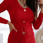 Button Decor V-Neck Long Sleeve Knit Bodycon Dress Drawstring Waist Ribbed Mini Dress