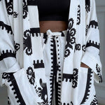 2 Pieces Outfit Open Front Long Sleeve Coat and Drawstring Elastic Waist Wide Leg Pants Set Casual Vintage Baroque Print Loose Fit Set without Tank Top