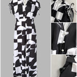 Geometric Print V-Neck Drawstring Short Sleeve Button Front Overalls Casual High Waist Zipper Back Wide Leg Jumpsuit