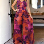 Women's Tie Dye Print Mesh Jumpsuit V Neck Shirred Waist Wide Leg Overalls Backless Sleeveless Jumpsuit with Pockets