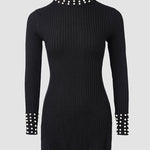 2 Pieces Outfit Mock Neck Long Sleeve Hollow-out Back Side Slit Longline Top and High Waist Slit Hem Pants Set Casual Pearls Decor Slim Fit Knit Lounge Set