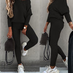 2 Pieces Outfit Skew Neck Long Sleeve Loose Pullover Top and Drawstring High Waist Slim Fit Pants Set