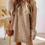 Round Neck Long Sleeve Drop Shoulder Pullover Sweater Casual Loose Fit Cable Knit Mid Length Sweater