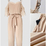 Women's Cold Shoulder Jumpsuit Gold Chain Lace Patchwork Overalls Tapered Leg Jumpsuits with Pockets & Belt