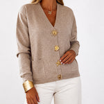 Women's Gold Button Knit Cardigan V Neck Sweater with Pockets