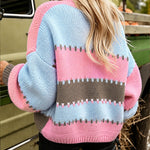 Women's Colorblock Knit Cardigan Chunky Knit Sweater Ribbed Trim Long Sleeve Casual Loose Knitwear