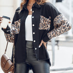 Contrast Sequin Leopard Print Spliced Turn-down Collar Button Front Denim Jacket Casual Pockets Design Raw Hem Coat