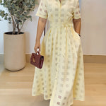 Women's Sheer Plaid Maxi Dress Short Sleeve Double Layer Swing Vacation Dress Elegant Flowy A Line Dress with Belt