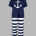 2 Pieces Outfit Anchor Pattern Short Sleeve Top and Striped Elastic Waist Pants Set Casual Pajamas Set