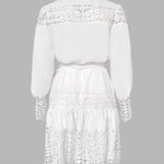 Guipure Lace Spliced Turn-down Collar Long Sleeve Button Front Shirt Dress Casual Tie Waist Ruffle Hem Dress