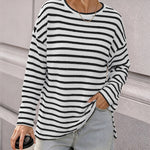Women's Striped Textured Knit Long Sleeve T-Shirt Casual Side Slit Loose Fit Top