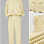 2 Pieces Outfit Turn-down Collar Turn-Up Sleeves Button Front Flap Pockets Design Top and Causal Zipper Fly Elastic Back Waist Wide Leg Pants Set