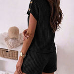 Women's Ribbed Knit 2 Piece Outfits V Neck Short Sleeve Top and Drawstring Shorts Set Casual Lounge Suits with Pockets