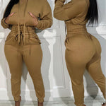 2 Pieces Outfit Drop Shoulder Kangaroo Pocket Stretchy Hem Crop Drawstring Hoodie Sweatshirt And Drawstring Elastic Waist Jogger Sweatpants Casual Tracksuit