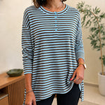 Women's Striped Henley Neck Waffle Knit Top Casual Loose Side Slit Long Sleeve Pullover