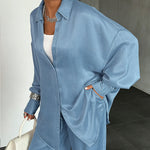 2 Pieces Outfit Turn-down Collar Long Sleeve Button Front Curved Hem Top and Drawstring Elastic Waist Pants Set