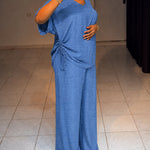 Women's Textured 2 Piece Outfits V Neck Drawstring Ruched Top and Wide Leg Pants Set Casual Loose Loungewear