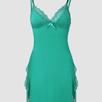 Lace Trim Adjustable Straps Side Slit Bowknot Decor Modal Cami Sleep Dress