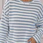 Women's Striped Textured Knit Long Sleeve T-Shirt Casual Side Slit Loose Fit Top