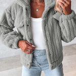 Textured Striped Turn-down Collar Button Front Elastic Cuff and Hem Teddy Fleece Jacket With Decorative Flap Pockets
