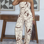Women's Abstract Print Two Piece Outfits Tube Top and High Waist Wide Leg Pants Set with Detachable Clear Straps