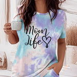 2 Pieces Outfit Letter Print Short Sleeve Top and Elastic Waist Shorts Set Casual Tie Dye Print Pajamas Set with Pockets For Mother's Day