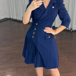 Women's Notch Lapel Blazer Dress Puff Sleeve Side Button Asymmetrical Pleated Hem A Line Work Dress