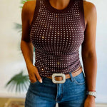 Rhinestone Decor O-neck Sleeveless Tee Slim Fit Ribbed Tank Top