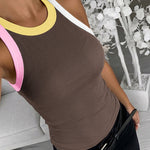 Women's Contrast Trim Ribbed Tank Top Slim Fit Sleeveless Round Neck Basic Camisole for Streetwear & Layering