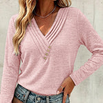 Women's Pleated V Neck T-Shirt Long Sleeve Button Decor Tee Casual Layering Top