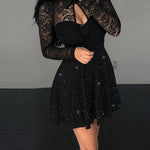 Women's Lace Patchwork Long Sleeve A Line Dress Glitter Hollow-out Mini Party Dress with Detachable Clear Straps