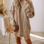 Round Neck Long Sleeve Drop Shoulder Pullover Sweater Casual Loose Fit Cable Knit Mid Length Sweater
