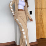 2 Pieces Outfit Notched Collar Long Sleeve Flap Detail Coat and Elastic Back Waist Side Slit Straight Leg Pants Set Casual Contrast Side Striped Blazer Set