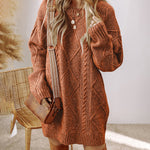Round Neck Long Sleeve Drop Shoulder Pullover Sweater Casual Loose Fit Cable Knit Mid Length Sweater